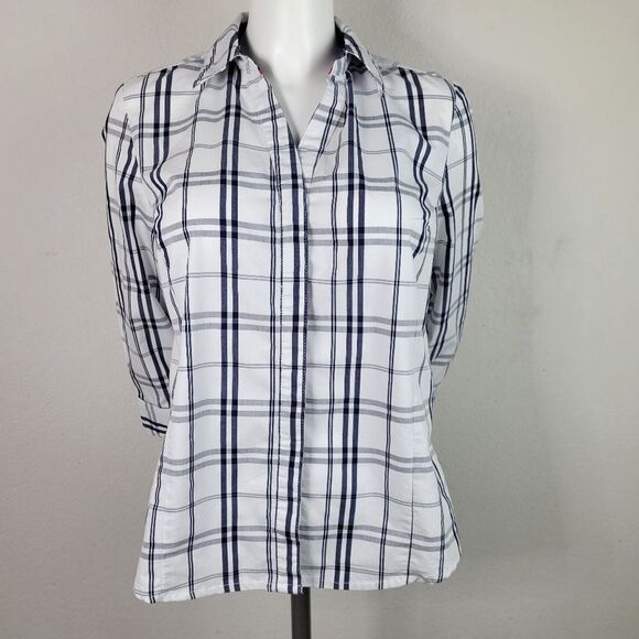 Basic Editions White Plaid‎ Hidden Button Panel Collared Blouse Size M - Picture 1 of 10